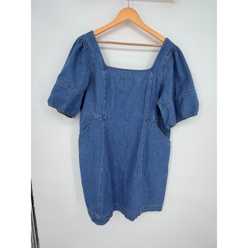 Madewell Denim Square Neck Puff Sleeve Mini Dress Blue Size 16W Pockets Cotton - Picture 5 of 14